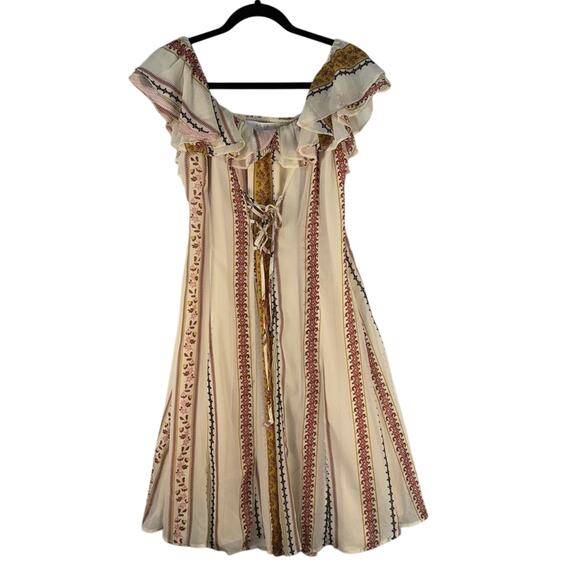 ASTR Cassidy Peasant Dress Beige Lace-Up Front Off-Shoulder Women’s Size Medium - Picture 1 of 8